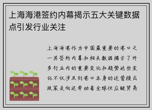 上海海港签约内幕揭示五大关键数据点引发行业关注